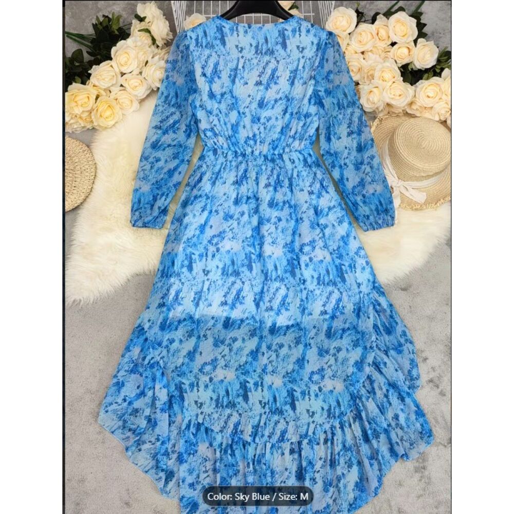 Boho Blue Floral High-Low Maxi Dress (M) – Offers Welcome! - Picture 3 of 4